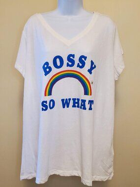 Joe Boxer White “Bossy So What” Rainbow Graphic V-Neck T-Shirt - 2X Juniors Plus